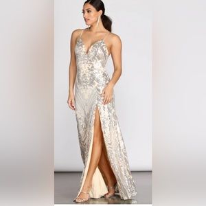 Long silver and beige gown